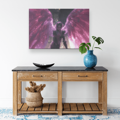 Female Night Elf Priest Glowing Silver Wings Casting Blessing Spell Shimmering Textures Cascading Purple Highlights Canvas Wall Art - Awakening Righteousness