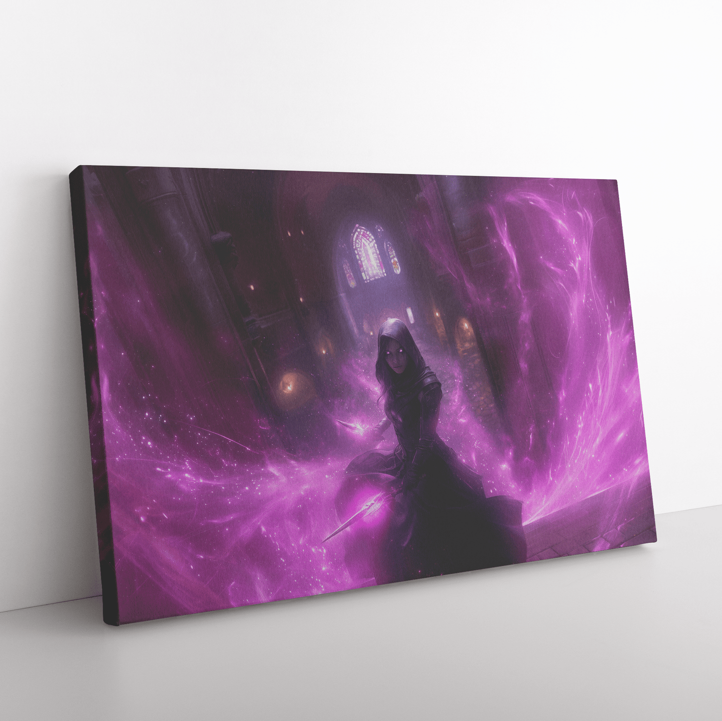 Female Night Elf Rogue Black Leather Armor Glowing Twin Daggers Purple Mist Cascading Silver Light Trails Canvas Wall Art - Awakening Righteousness