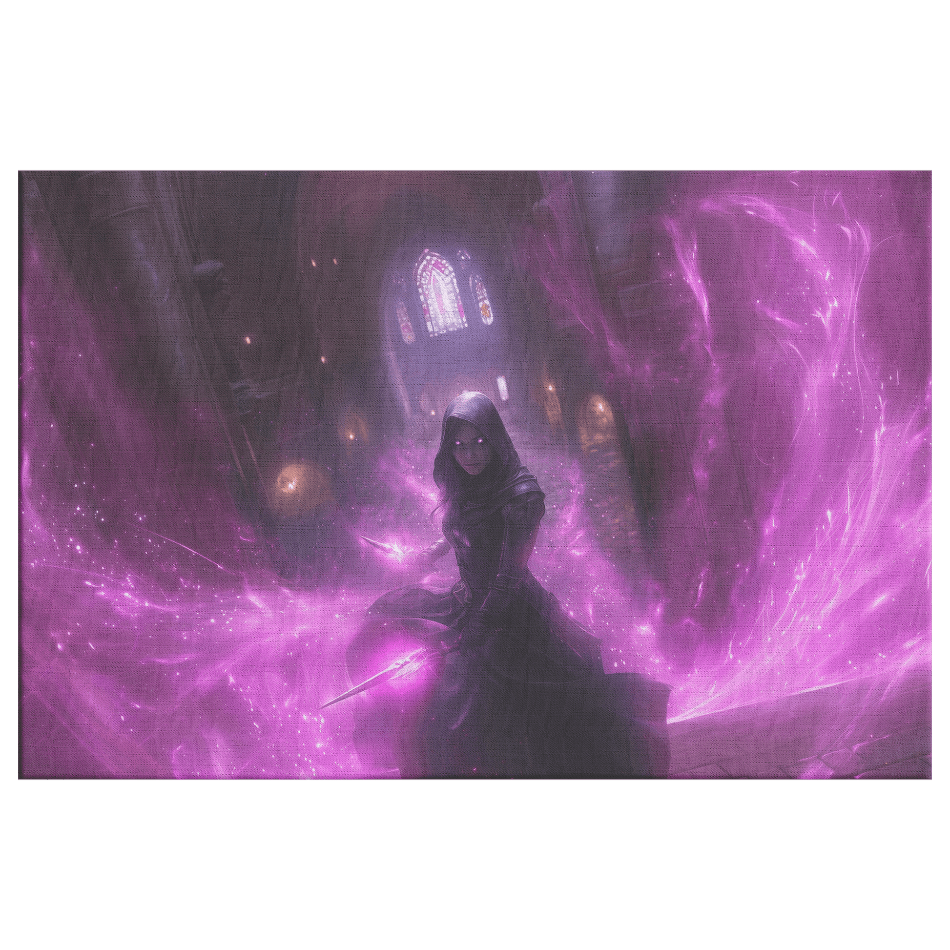 Female Night Elf Rogue Black Leather Armor Glowing Twin Daggers Purple Mist Cascading Silver Light Trails Canvas Wall Art - Awakening Righteousness
