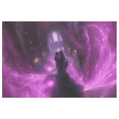 Female Night Elf Rogue Black Leather Armor Glowing Twin Daggers Purple Mist Cascading Silver Light Trails Canvas Wall Art - Awakening Righteousness