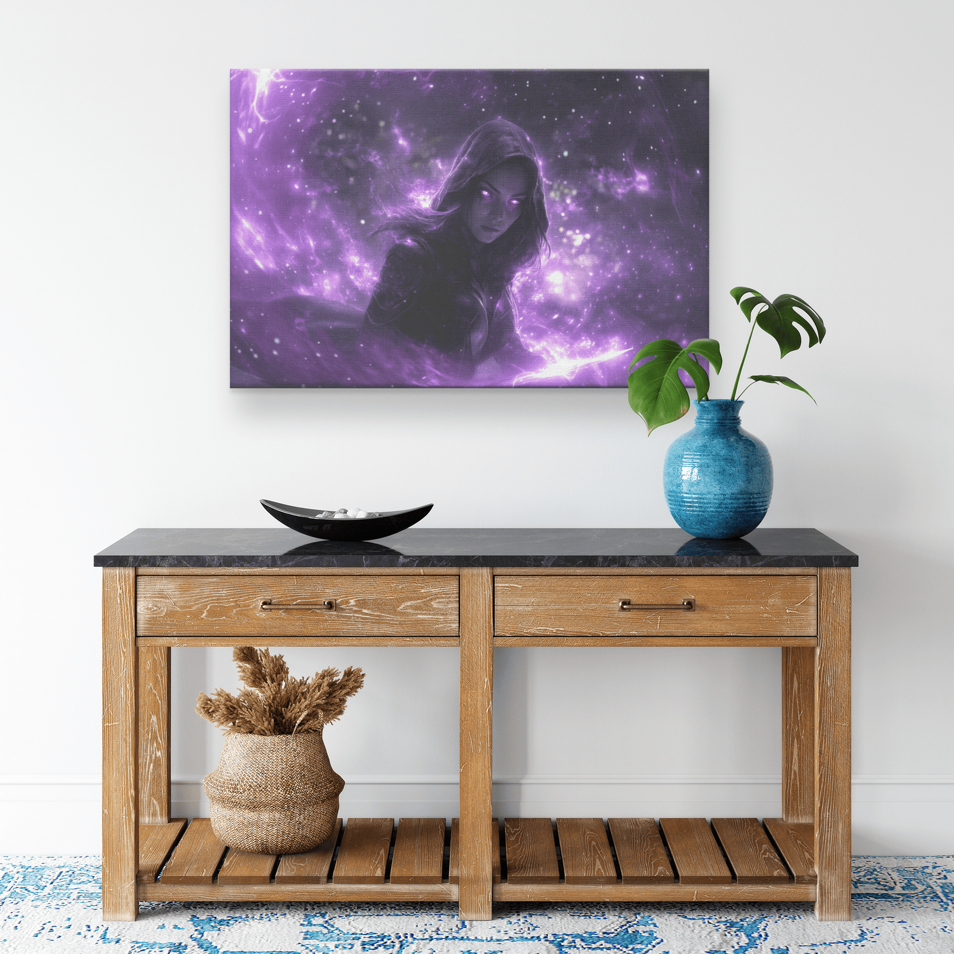 Female Night Elf Rogue Black Leather Armor Glowing Twin Daggers Shimmering Purple Mist Silver Light Canvas Wall Art - Awakening Righteousness