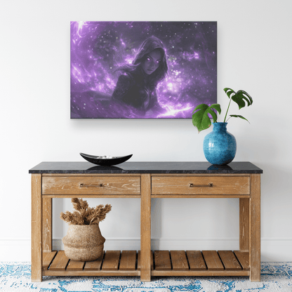 Female Night Elf Rogue Black Leather Armor Glowing Twin Daggers Shimmering Purple Mist Silver Light Canvas Wall Art - Awakening Righteousness