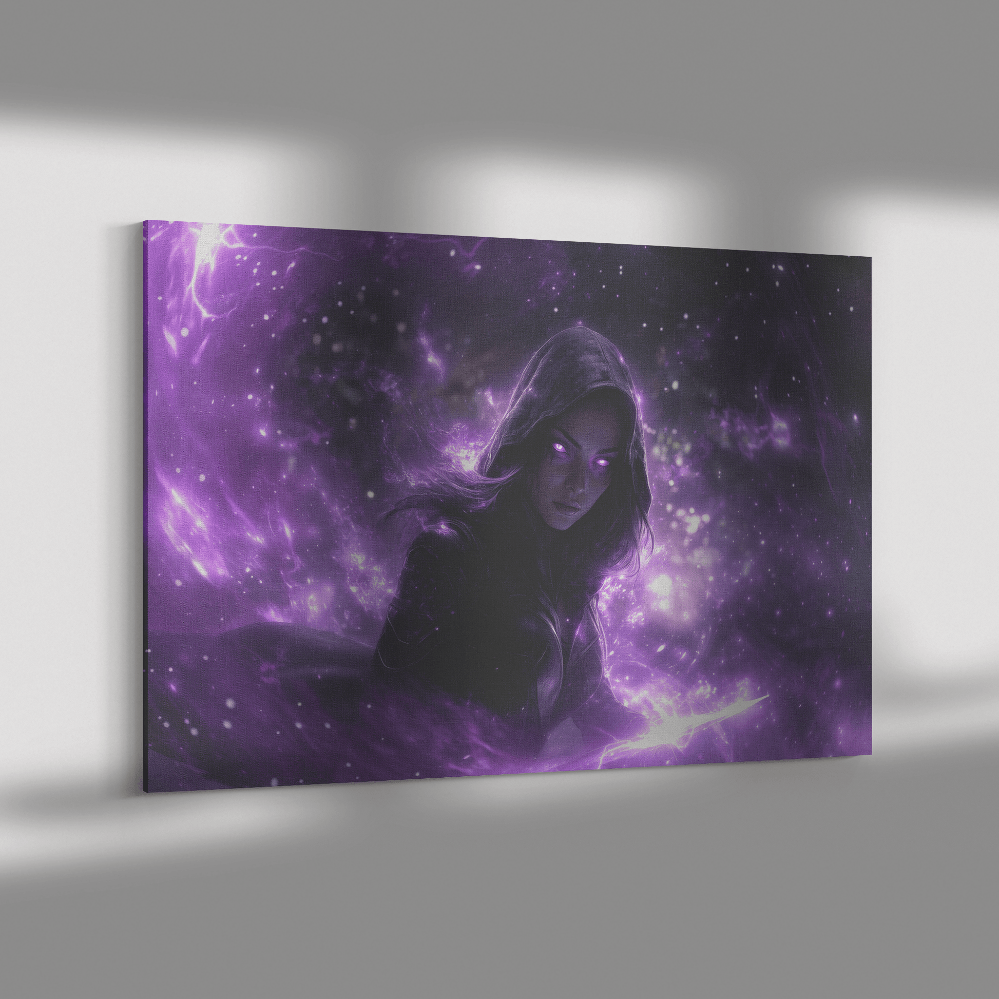 Female Night Elf Rogue Black Leather Armor Glowing Twin Daggers Shimmering Purple Mist Silver Light Canvas Wall Art - Awakening Righteousness