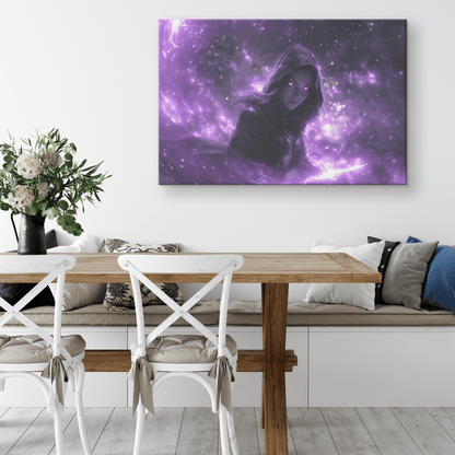 Female Night Elf Rogue Black Leather Armor Glowing Twin Daggers Shimmering Purple Mist Silver Light Canvas Wall Art - Awakening Righteousness