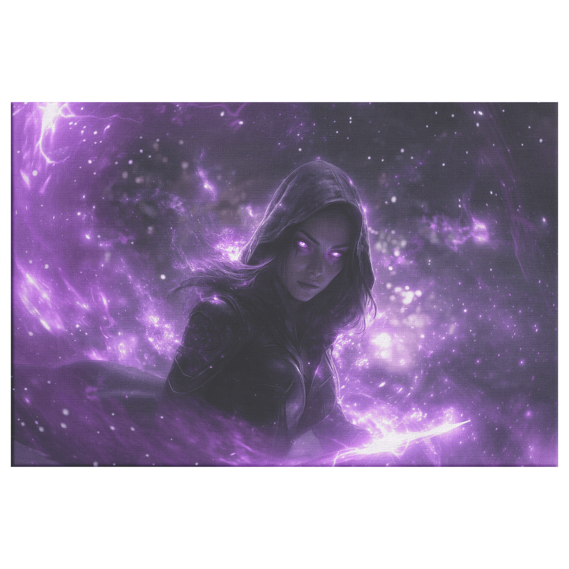 Female Night Elf Rogue Black Leather Armor Glowing Twin Daggers Shimmering Purple Mist Silver Light Canvas Wall Art - Awakening Righteousness