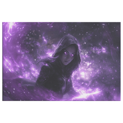 Female Night Elf Rogue Black Leather Armor Glowing Twin Daggers Shimmering Purple Mist Silver Light Canvas Wall Art - Awakening Righteousness