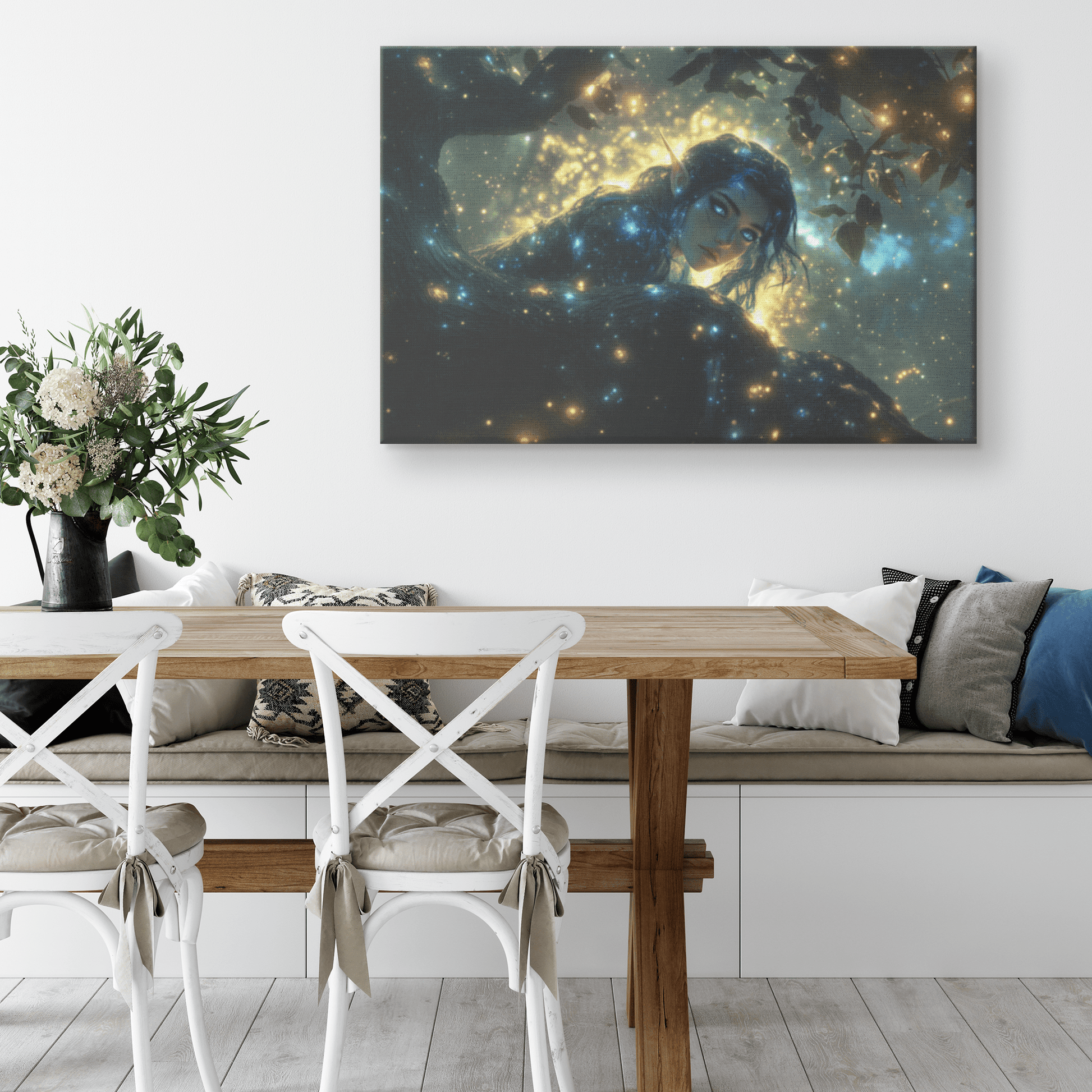 Female Night Elf Rogue Crouching on Treetop Dense Forest Shimmering Stars Radiant Cosmic Textures Canvas Wall Art - Awakening Righteousness