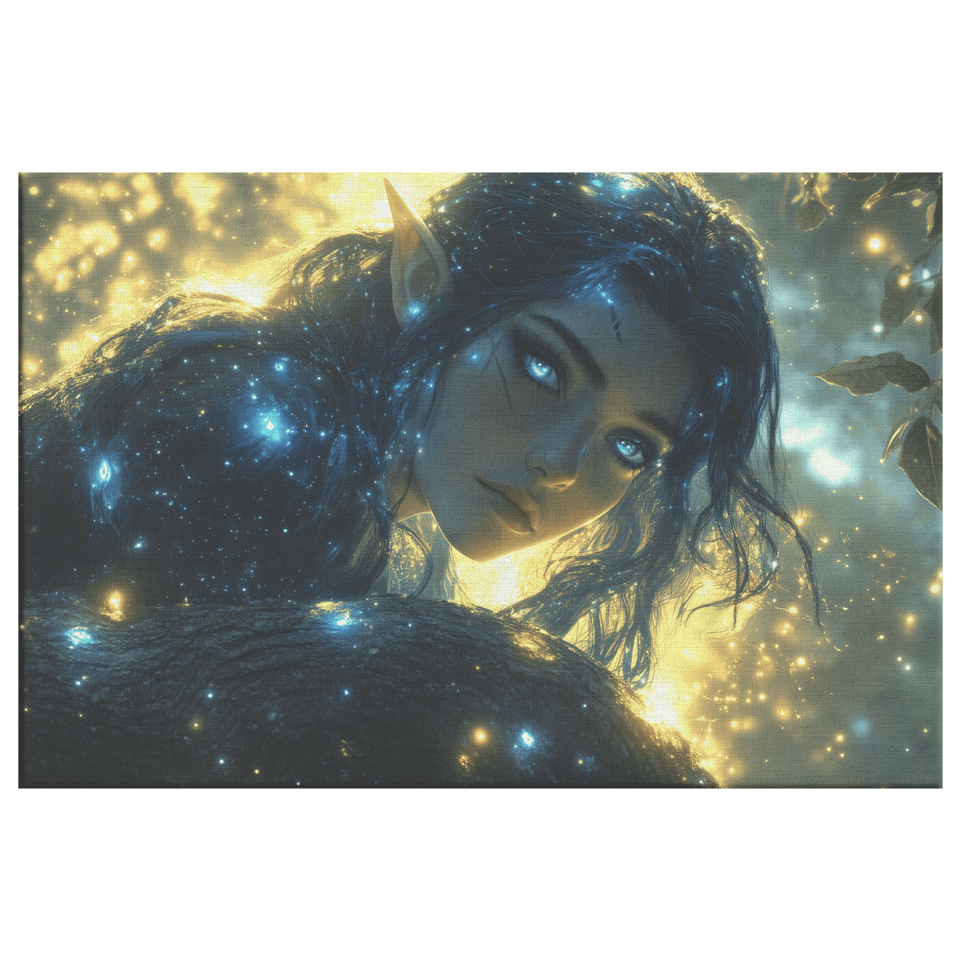 Female Night Elf Rogue Crouching on Treetop Dense Forest Shimmering Stars Radiant Cosmic Textures Canvas Wall Art - Awakening Righteousness