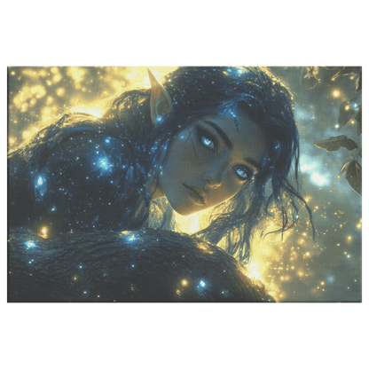 Female Night Elf Rogue Crouching on Treetop Dense Forest Shimmering Stars Radiant Cosmic Textures Canvas Wall Art - Awakening Righteousness