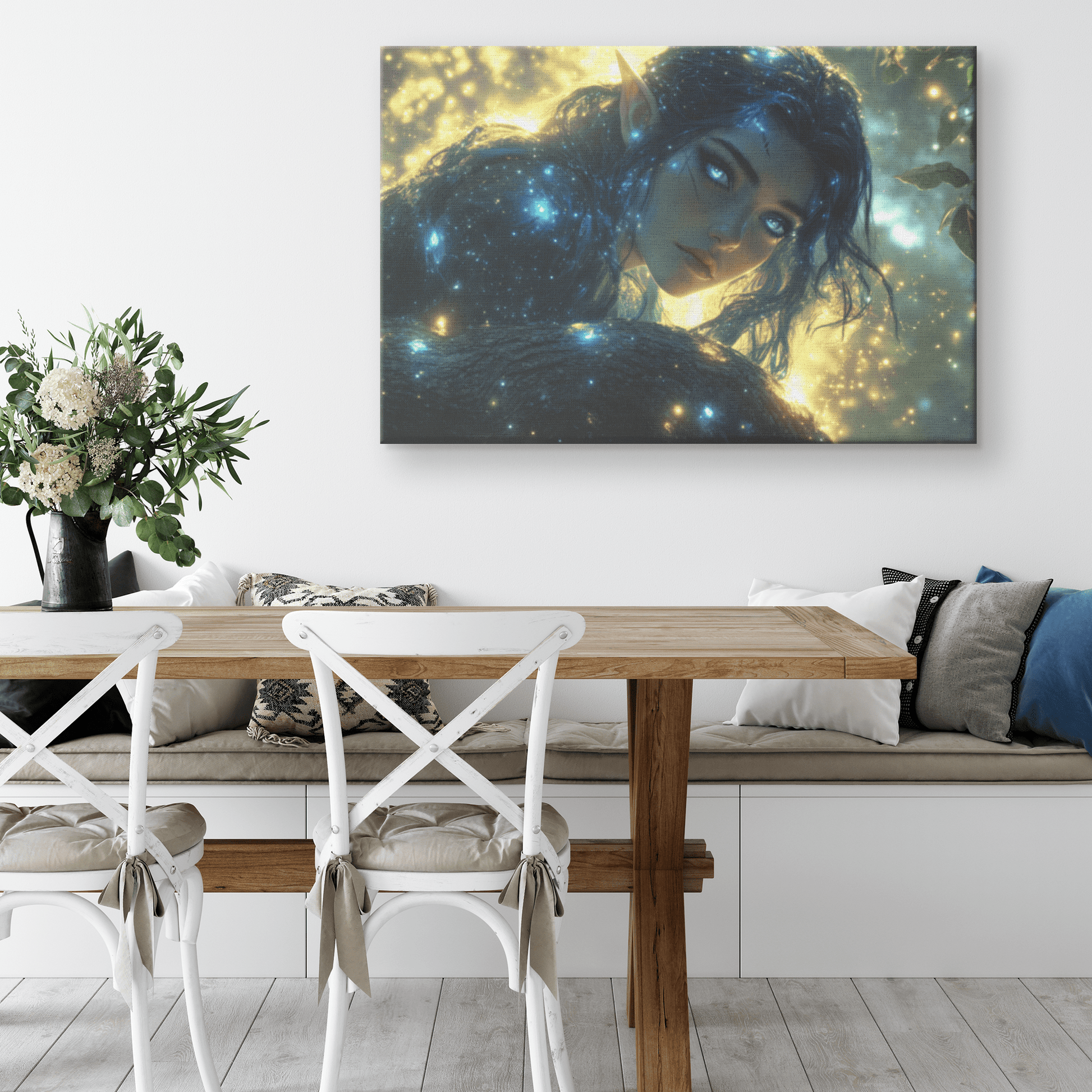 Female Night Elf Rogue Crouching on Treetop Dense Forest Shimmering Stars Radiant Cosmic Textures Canvas Wall Art - Awakening Righteousness