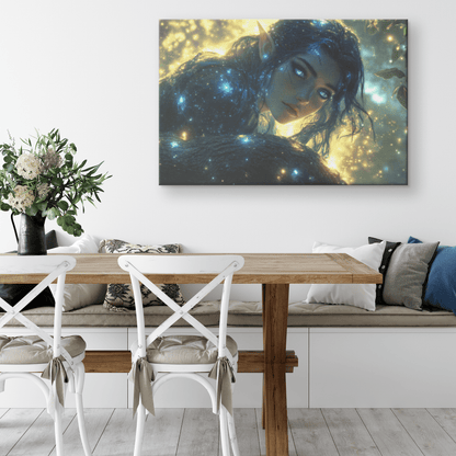 Female Night Elf Rogue Crouching on Treetop Dense Forest Shimmering Stars Radiant Cosmic Textures Canvas Wall Art - Awakening Righteousness