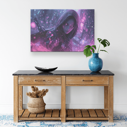 Female Night Elf Rogue Dark Crimson Armor Radiant Throwing Stars Shimmering Stars Cascading Purple Light Canvas Wall Art - Awakening Righteousness