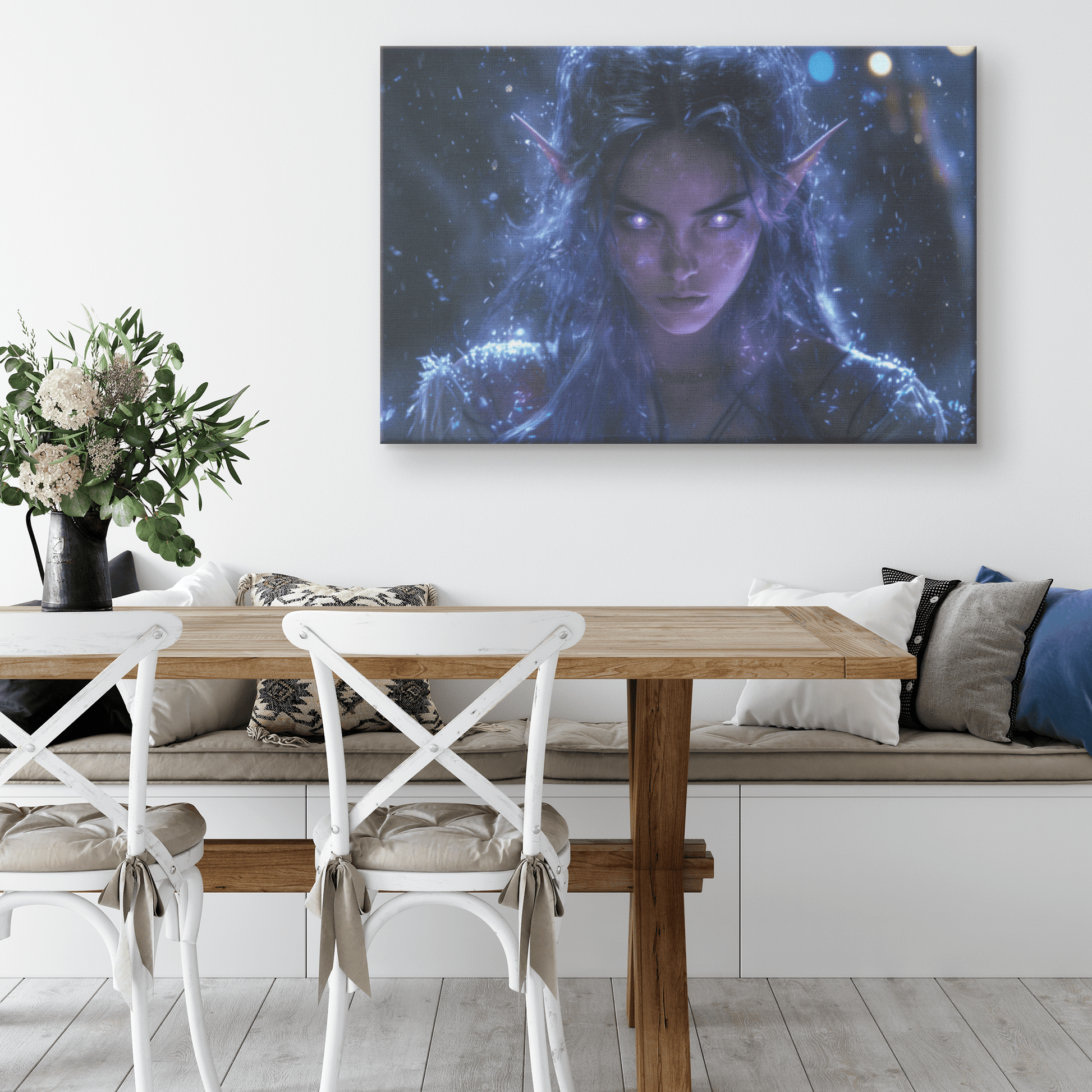 Female Night Elf Rogue Dark Crimson Armor Radiant Throwing Stars Shimmering Stars Cascading Purple Light Canvas Wall Art - Awakening Righteousness