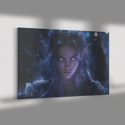 Female Night Elf Rogue Dark Crimson Armor Radiant Throwing Stars Shimmering Stars Cascading Purple Light Canvas Wall Art - Awakening Righteousness