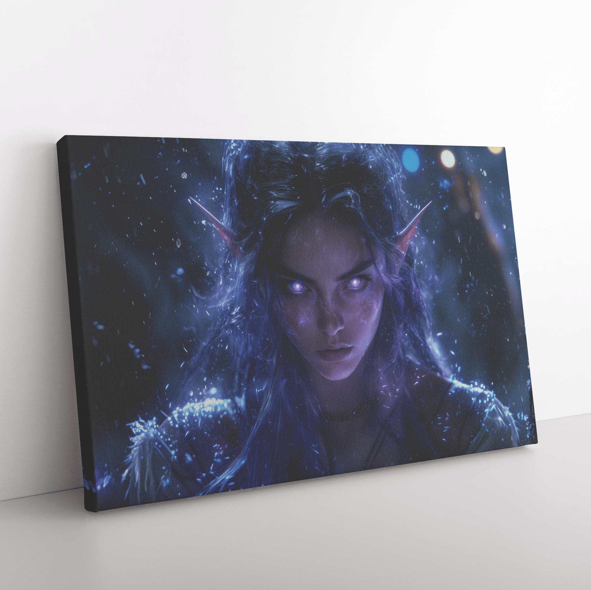Female Night Elf Rogue Dark Crimson Armor Radiant Throwing Stars Shimmering Stars Cascading Purple Light Canvas Wall Art - Awakening Righteousness