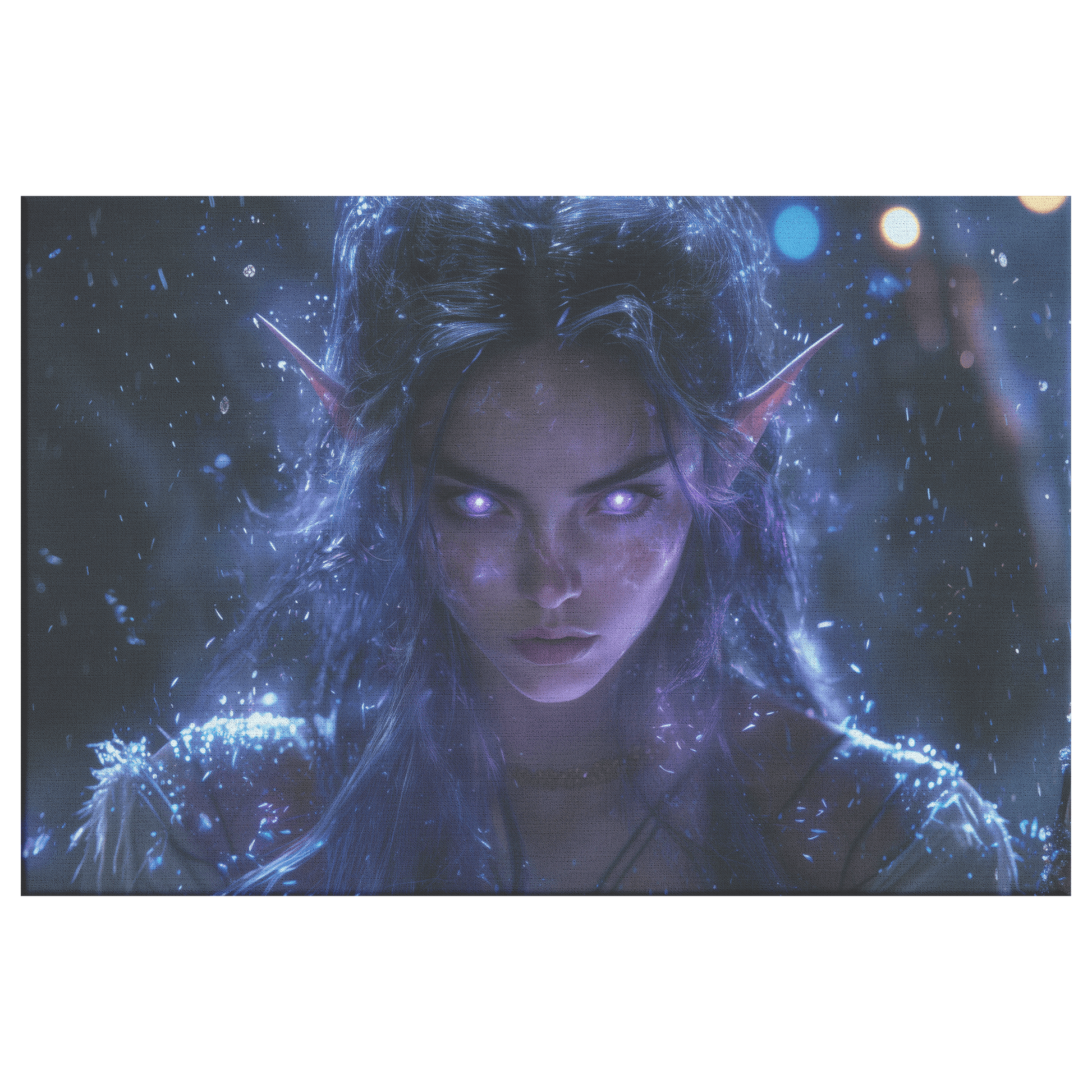 Female Night Elf Rogue Dark Crimson Armor Radiant Throwing Stars Shimmering Stars Cascading Purple Light Canvas Wall Art - Awakening Righteousness