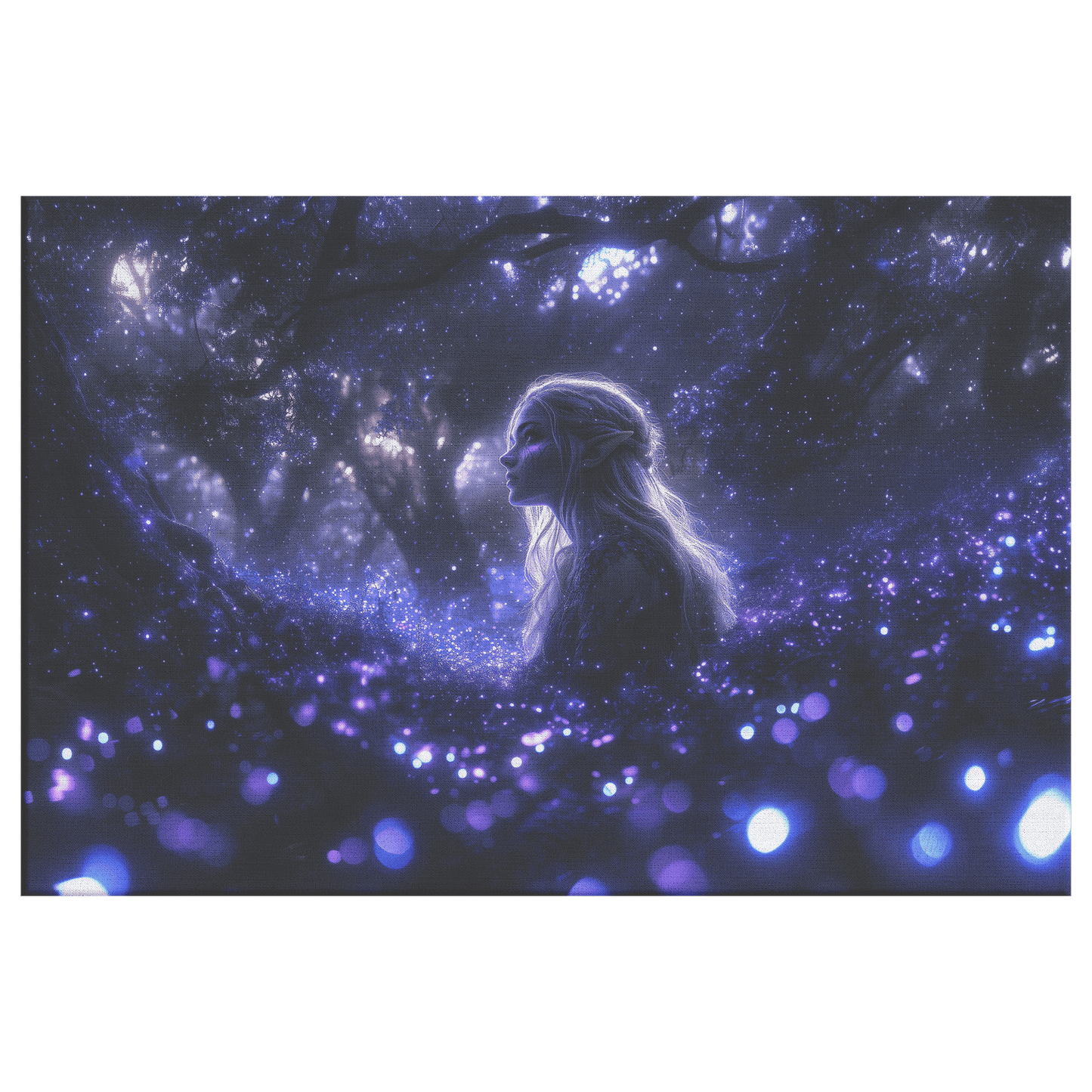 Female Night Elf Rogue Standing in Glowing Forest Shimmering Stars Cascading Light Trails Canvas Wall Art - Awakening Righteousness