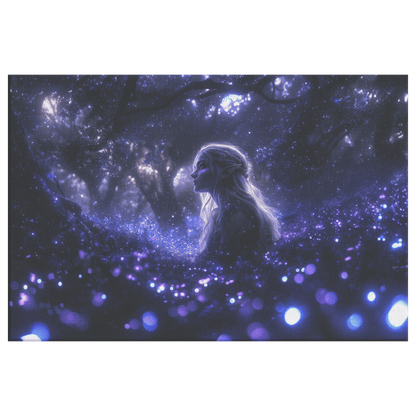 Female Night Elf Rogue Standing in Glowing Forest Shimmering Stars Cascading Light Trails Canvas Wall Art - Awakening Righteousness