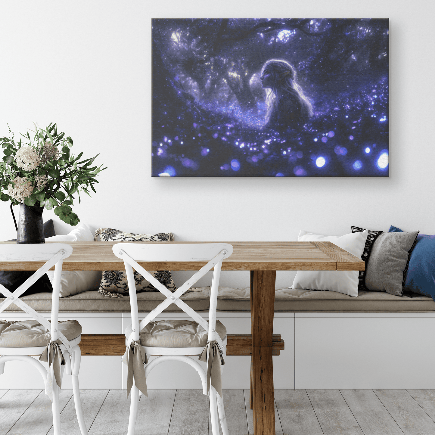 Female Night Elf Rogue Standing in Glowing Forest Shimmering Stars Cascading Light Trails Canvas Wall Art - Awakening Righteousness