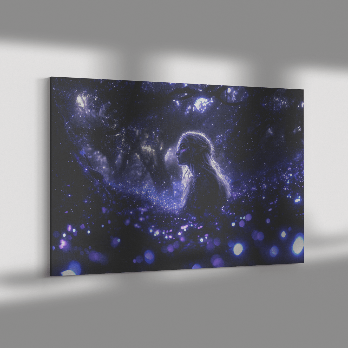 Female Night Elf Rogue Standing in Glowing Forest Shimmering Stars Cascading Light Trails Canvas Wall Art - Awakening Righteousness