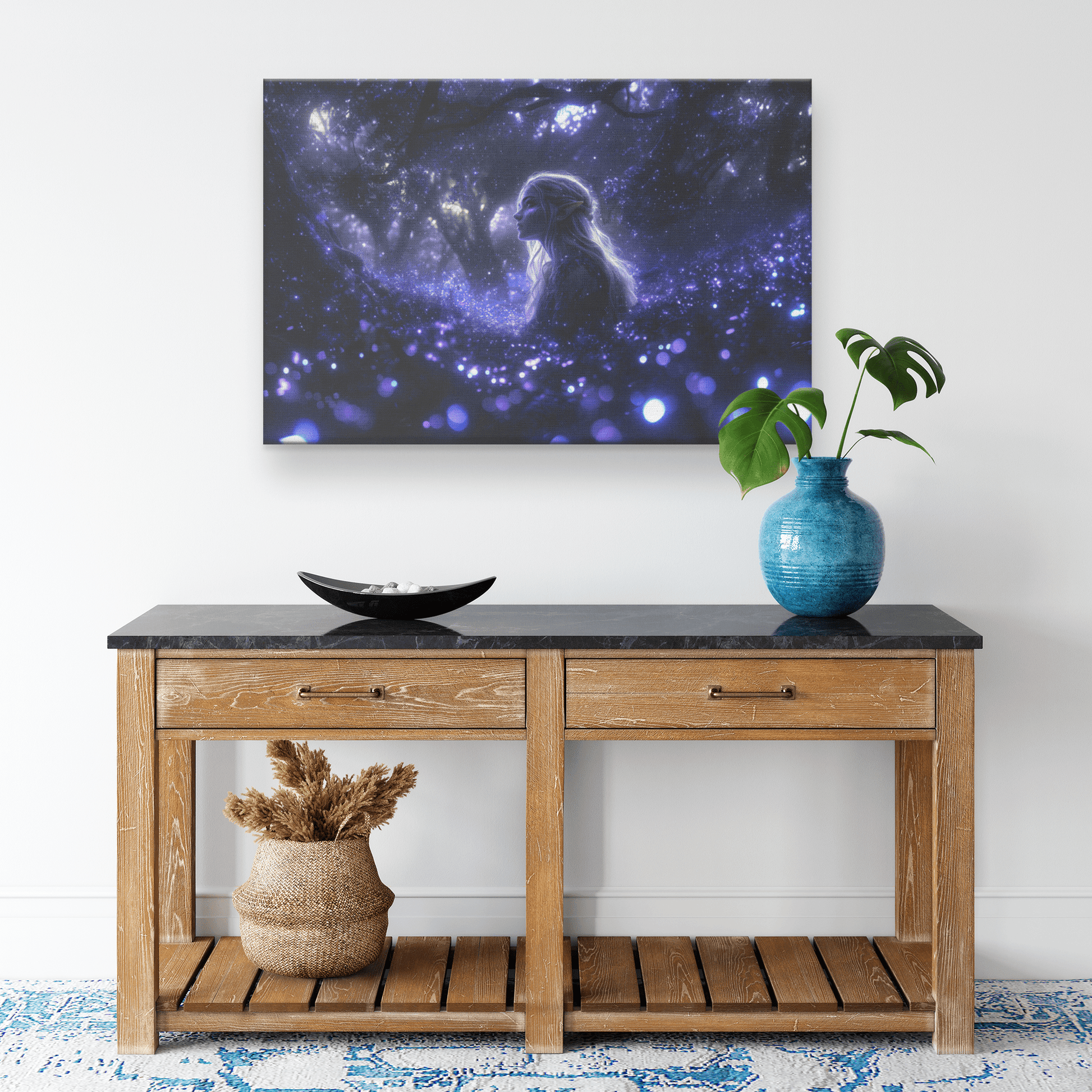Female Night Elf Rogue Standing in Glowing Forest Shimmering Stars Cascading Light Trails Canvas Wall Art - Awakening Righteousness
