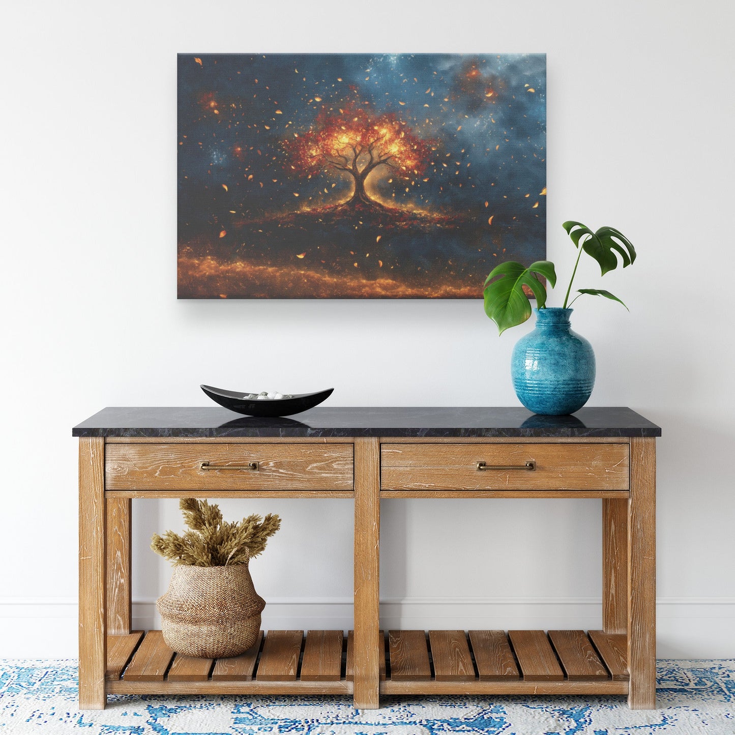 Fiery Tree of Life with Falling Leaves Radiant Spiritual Canvas Wall Art Decor for Home Church or Office Spaces - Awakening Righteousness