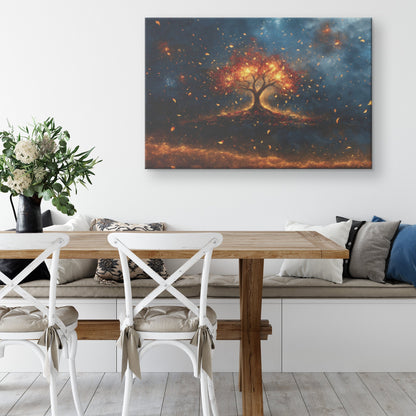 Fiery Tree of Life with Falling Leaves Radiant Spiritual Canvas Wall Art Decor for Home Church or Office Spaces - Awakening Righteousness