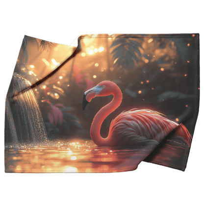 Flamingo Resting Near Glowing Waterfall Surrounded by Tropical Plants and Golden Mist Under Twilight Light Fleece Sherpa Blanket - Awakening Righteousness