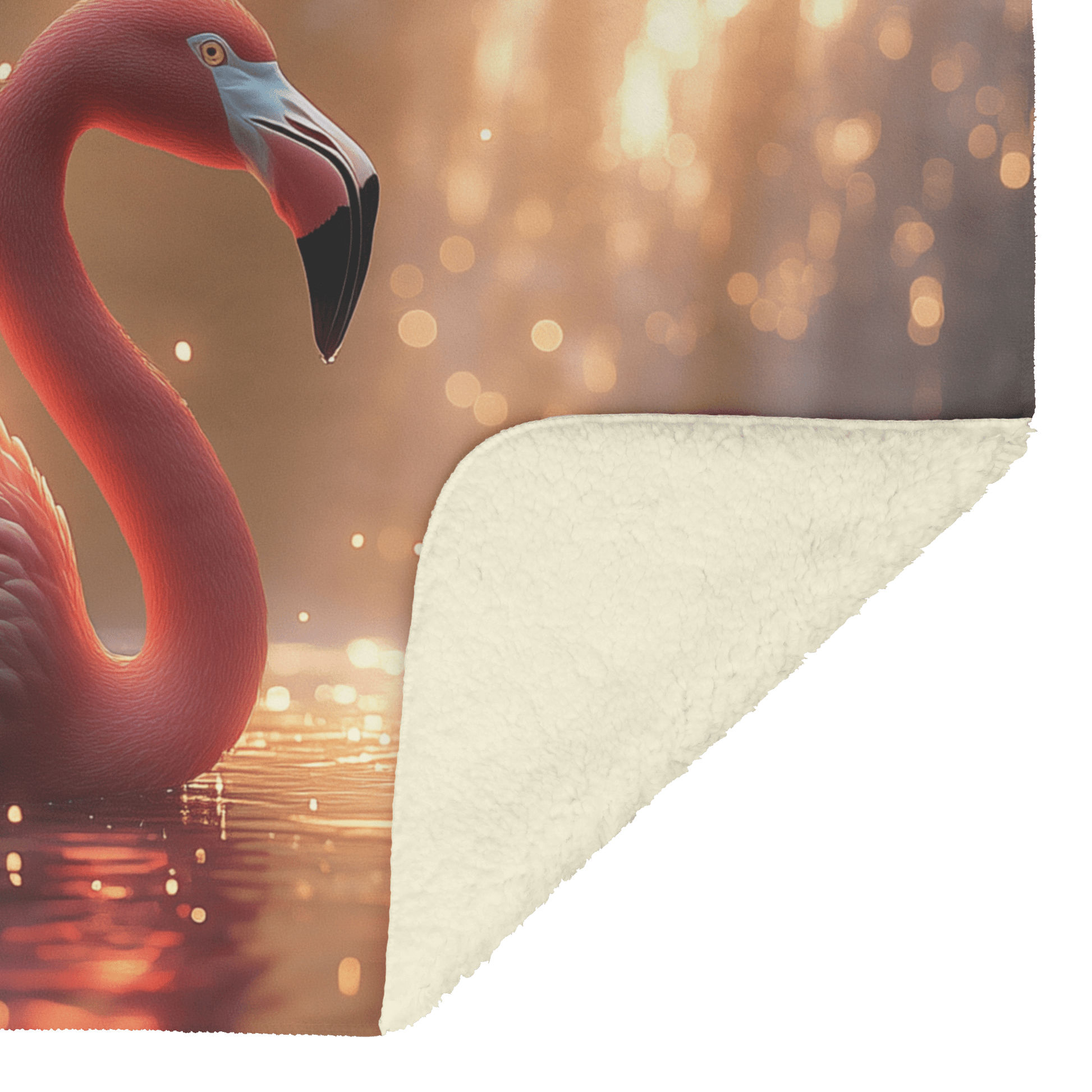 Flamingo Resting Near Glowing Waterfall Surrounded by Tropical Plants and Golden Mist Under Twilight Light Fleece Sherpa Blanket - Awakening Righteousness