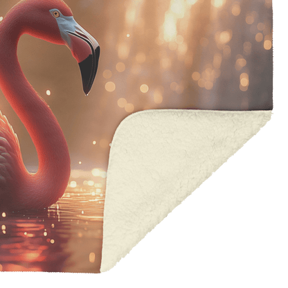Flamingo Resting Near Glowing Waterfall Surrounded by Tropical Plants and Golden Mist Under Twilight Light Fleece Sherpa Blanket - Awakening Righteousness