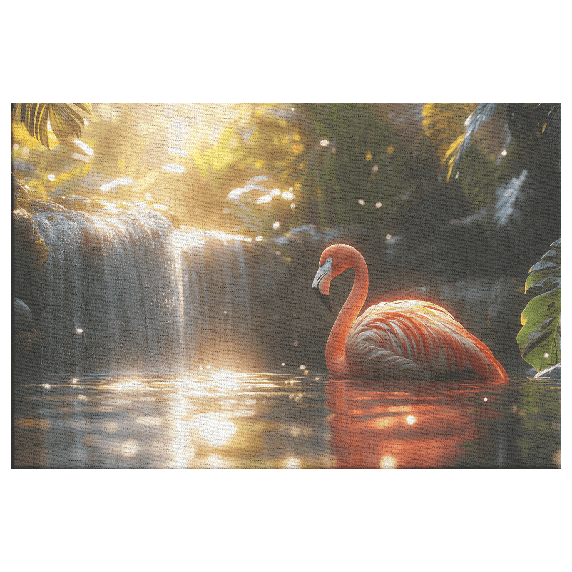 Flamingo Resting Near Glowing Waterfall With Tropical Plants And Golden Mist Under Twilight Light Canvas Wall Art Decor - Awakening Righteousness