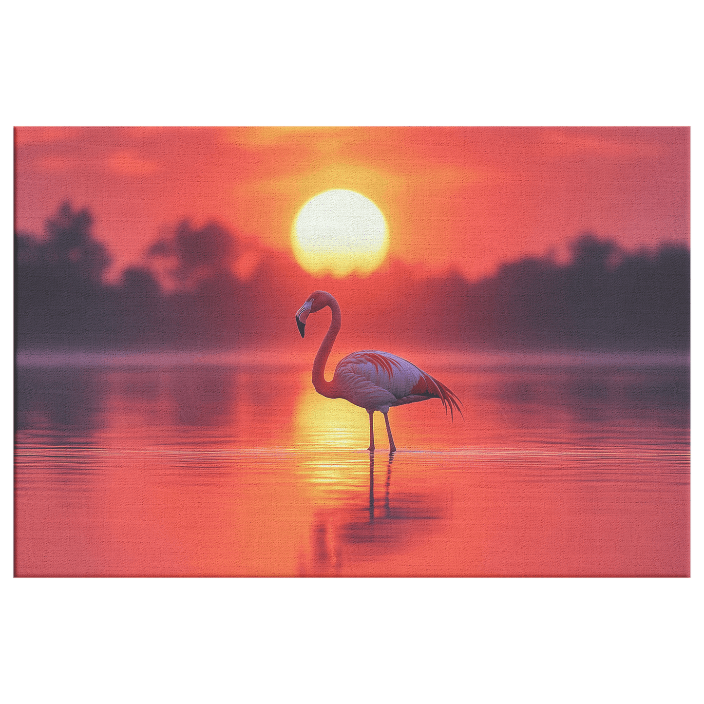 Flamingo Silhouetted Against Glowing Orange And Pink Sunrise Sky On Reflective Lagoon Canvas Wall Art Decor - Awakening Righteousness