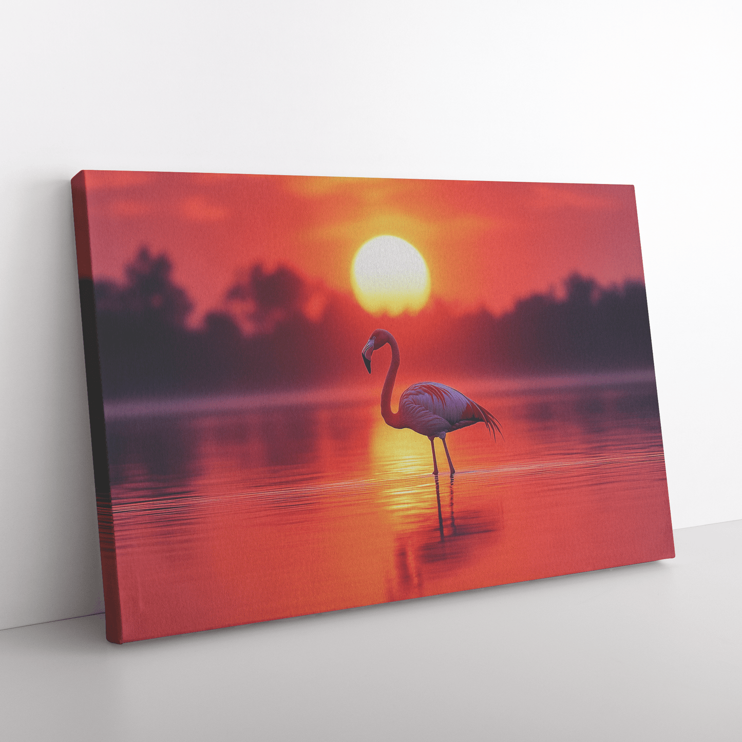 Flamingo Silhouetted Against Glowing Orange And Pink Sunrise Sky On Reflective Lagoon Canvas Wall Art Decor - Awakening Righteousness