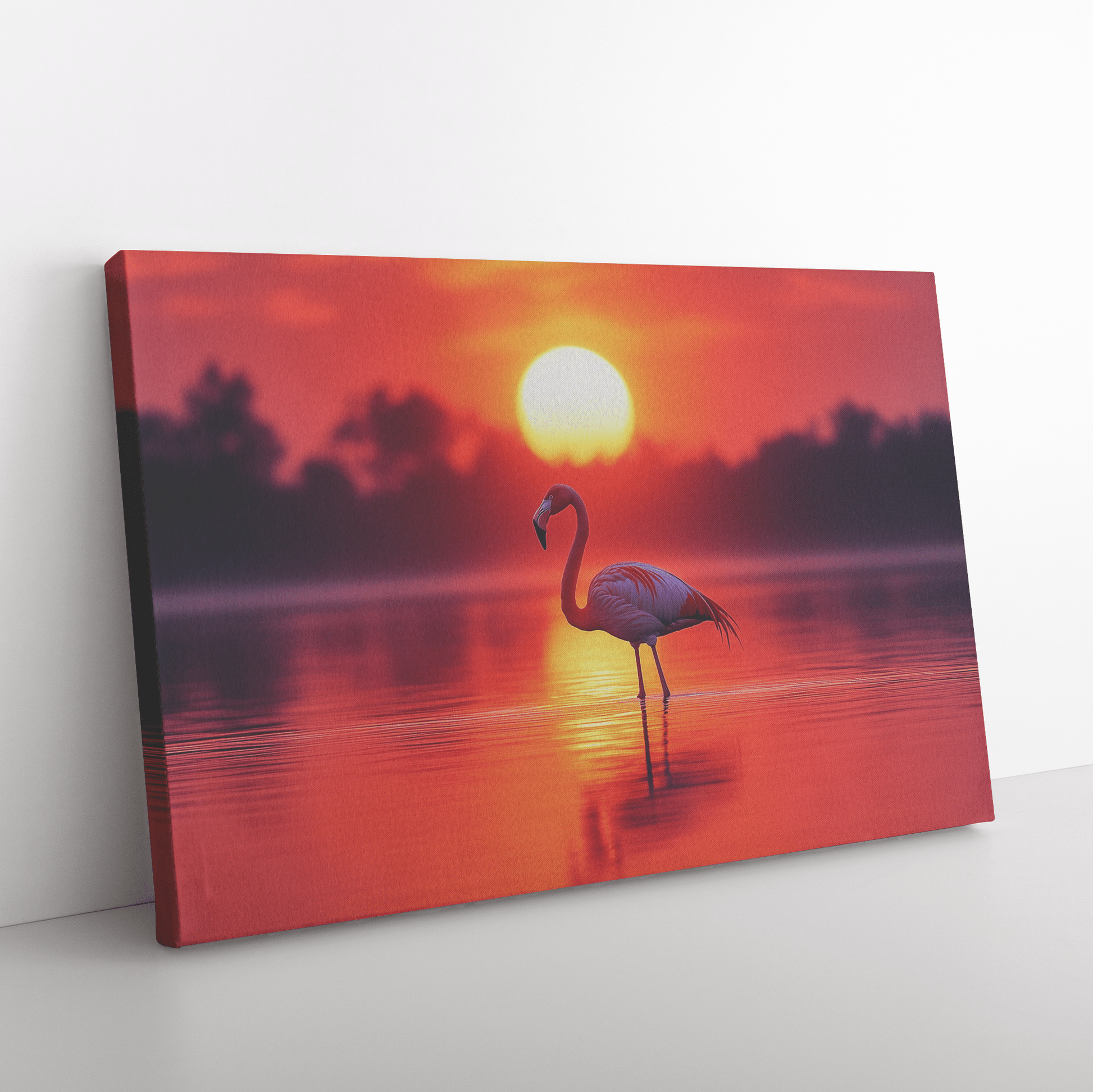 Flamingo Silhouetted Against Glowing Orange And Pink Sunrise Sky On Reflective Lagoon Canvas Wall Art Decor - Awakening Righteousness