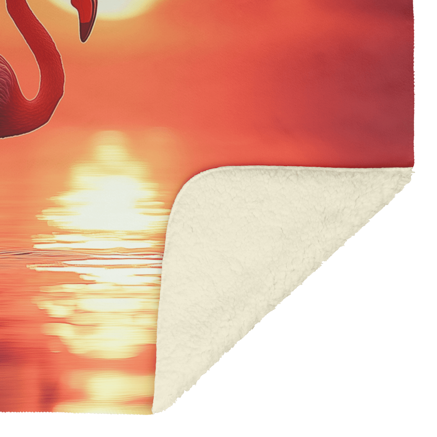 Flamingo Silhouetted Against Glowing Orange and Pink Sunrise Standing Gracefully on Reflective Lagoon Fleece Sherpa Blanket - Awakening Righteousness