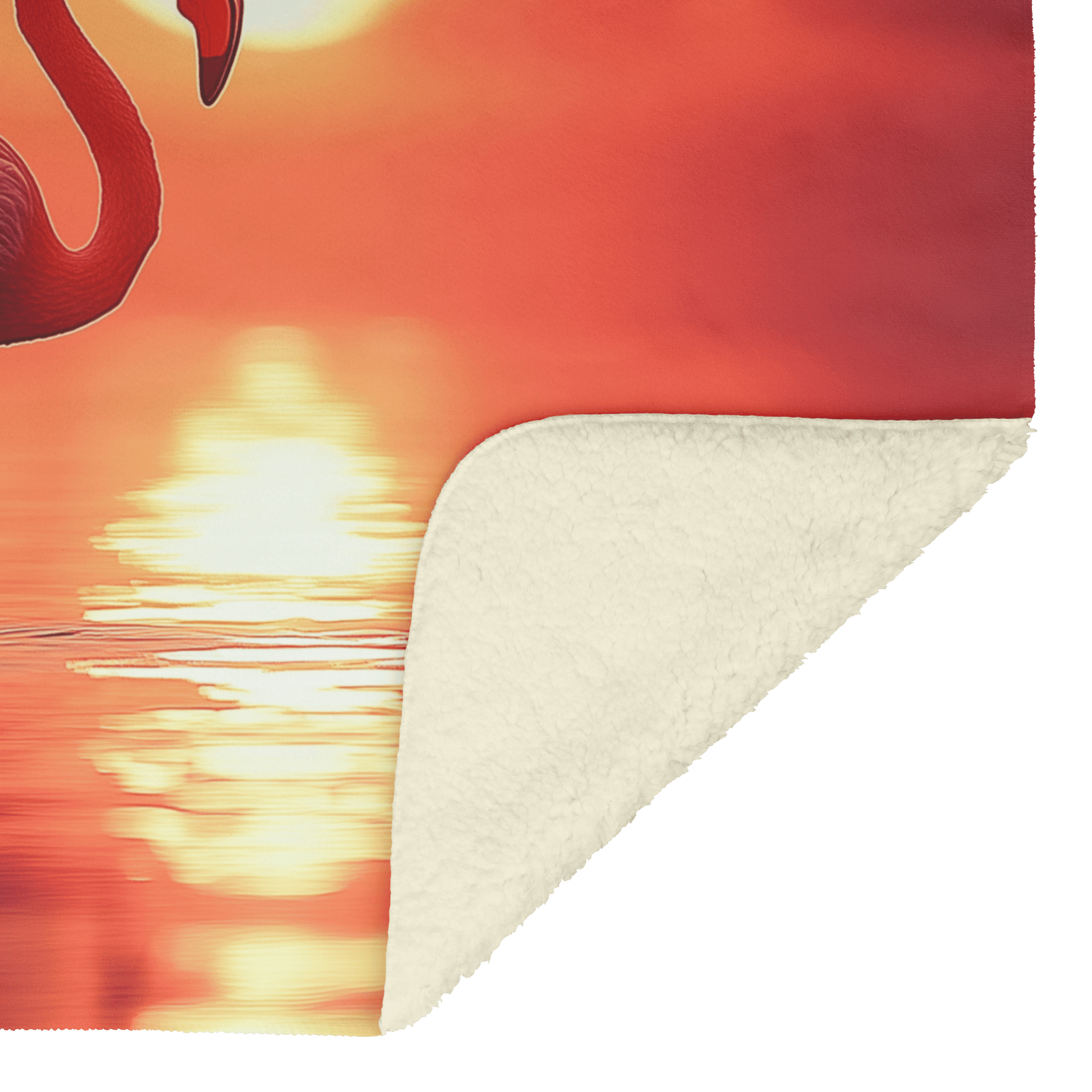 Flamingo Silhouetted Against Glowing Orange and Pink Sunrise Standing Gracefully on Reflective Lagoon Fleece Sherpa Blanket - Awakening Righteousness