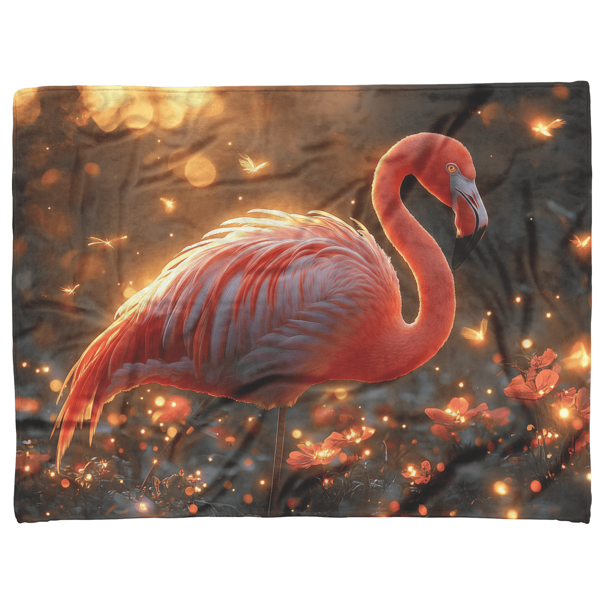 Flamingo Standing in Glowing Tropical Garden Surrounded by Shimmering Plants and Ethereal Golden Light Fleece Sherpa Blanket - Awakening Righteousness