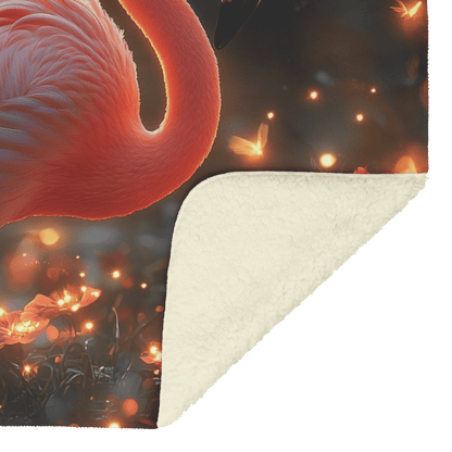 Flamingo Standing in Glowing Tropical Garden Surrounded by Shimmering Plants and Ethereal Golden Light Fleece Sherpa Blanket - Awakening Righteousness