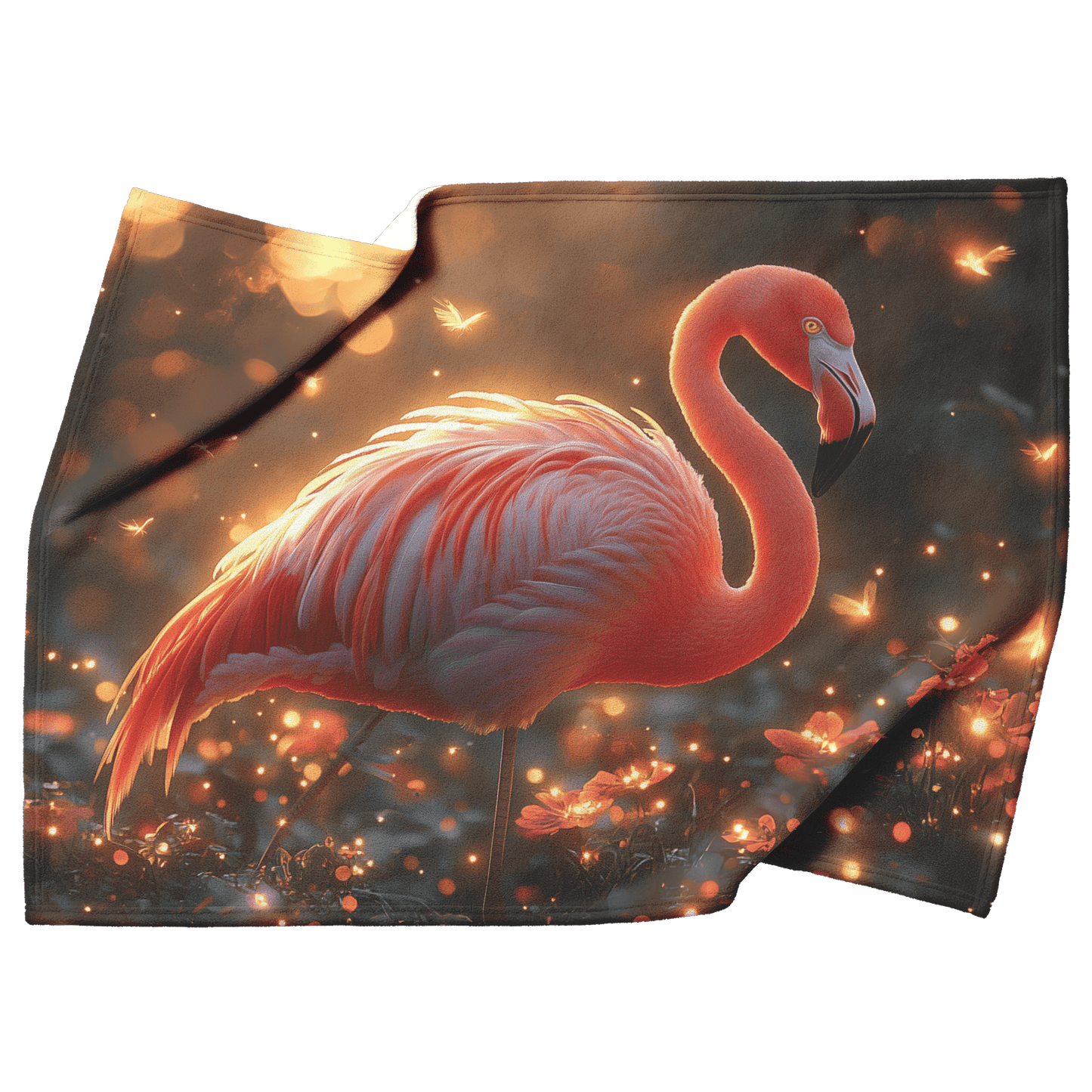 Flamingo Standing in Glowing Tropical Garden Surrounded by Shimmering Plants and Ethereal Golden Light Fleece Sherpa Blanket - Awakening Righteousness