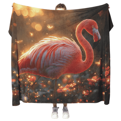 Flamingo Standing in Glowing Tropical Garden Surrounded by Shimmering Plants and Ethereal Golden Light Fleece Sherpa Blanket - Awakening Righteousness