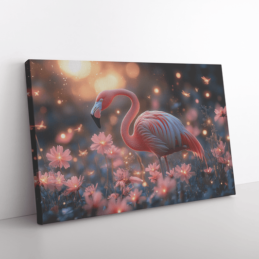 Flamingo Standing In Glowing Tropical Garden With Shimmering Plants And Ethereal Golden Light Canvas Wall Art Decor - Awakening Righteousness