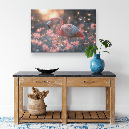 Flamingo Standing In Glowing Tropical Garden With Shimmering Plants And Ethereal Golden Light Canvas Wall Art Decor - Awakening Righteousness