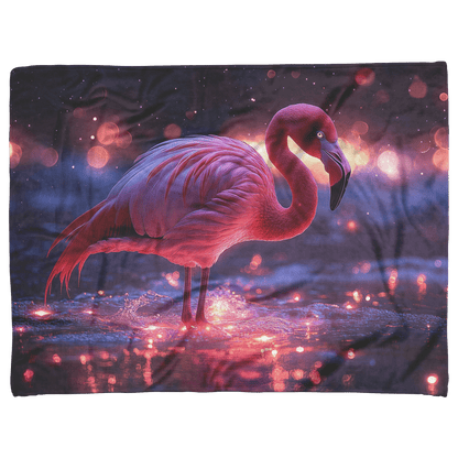 Flamingo Standing on Glowing Beach Surrounded by Bioluminescent Waves Under Starry Night Sky Fleece Sherpa Blanket - Awakening Righteousness