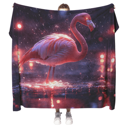 Flamingo Standing on Glowing Beach Surrounded by Bioluminescent Waves Under Starry Night Sky Fleece Sherpa Blanket - Awakening Righteousness