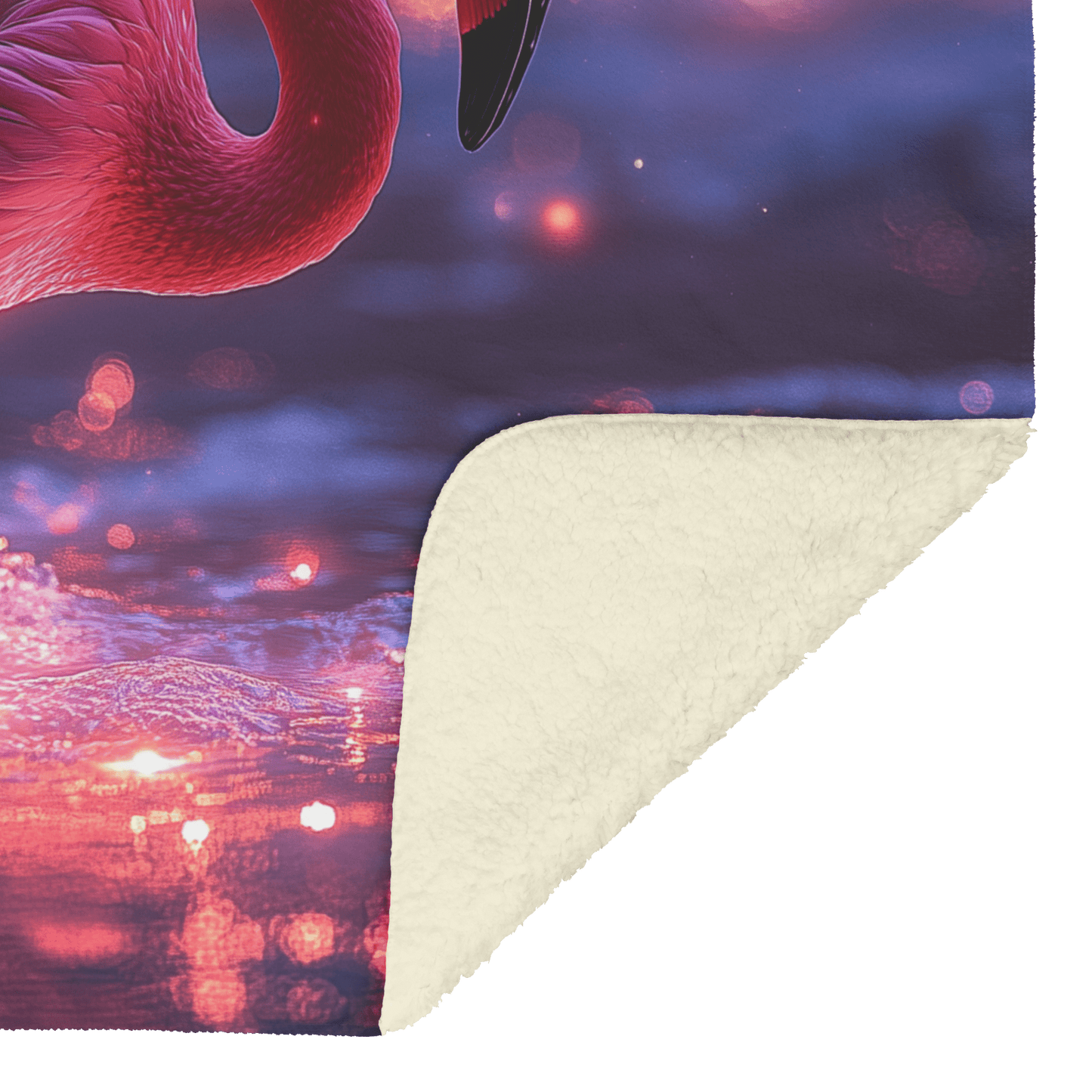 Flamingo Standing on Glowing Beach Surrounded by Bioluminescent Waves Under Starry Night Sky Fleece Sherpa Blanket - Awakening Righteousness