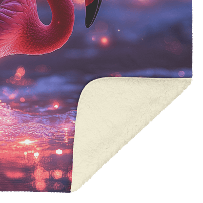 Flamingo Standing on Glowing Beach Surrounded by Bioluminescent Waves Under Starry Night Sky Fleece Sherpa Blanket - Awakening Righteousness