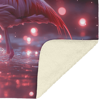 Flamingo Standing on Glowing Beach Surrounded by Bioluminescent Waves Under Starry Night Sky Fleece Sherpa Blanket - Awakening Righteousness