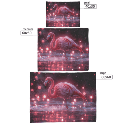 Flamingo Standing on Glowing Beach Surrounded by Bioluminescent Waves Under Starry Night Sky Fleece Sherpa Blanket - Awakening Righteousness