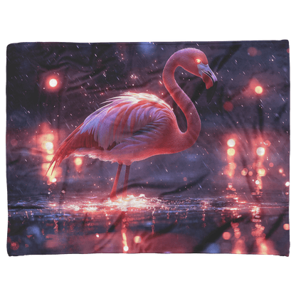 Flamingo Standing on Glowing Beach Surrounded by Bioluminescent Waves Under Starry Night Sky Fleece Sherpa Blanket - Awakening Righteousness