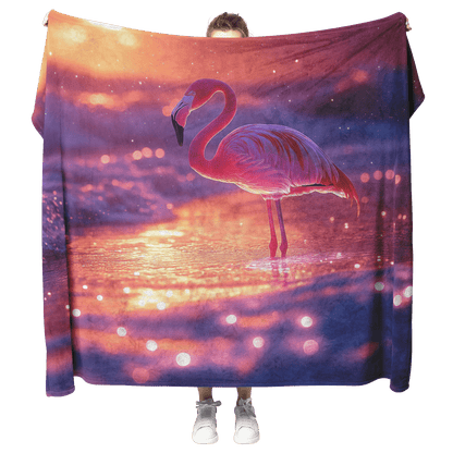Flamingo Standing on Glowing Beach Surrounded by Bioluminescent Waves Under Starry Night Sky Fleece Sherpa Blanket - Awakening Righteousness